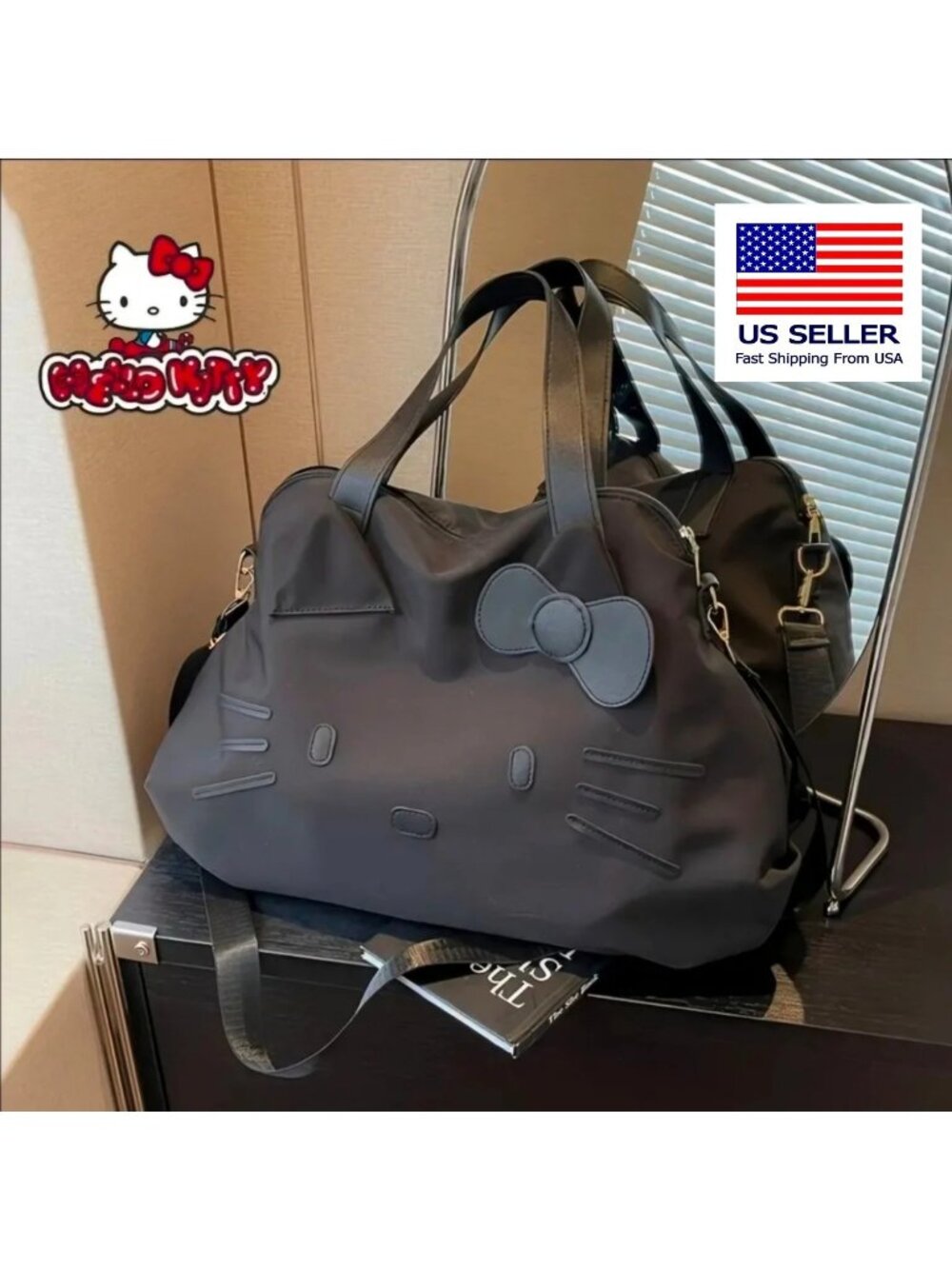 Black Hello Kitty Large Capacity One Shoulder Crossbody Bag Tote Bag Travel Bag